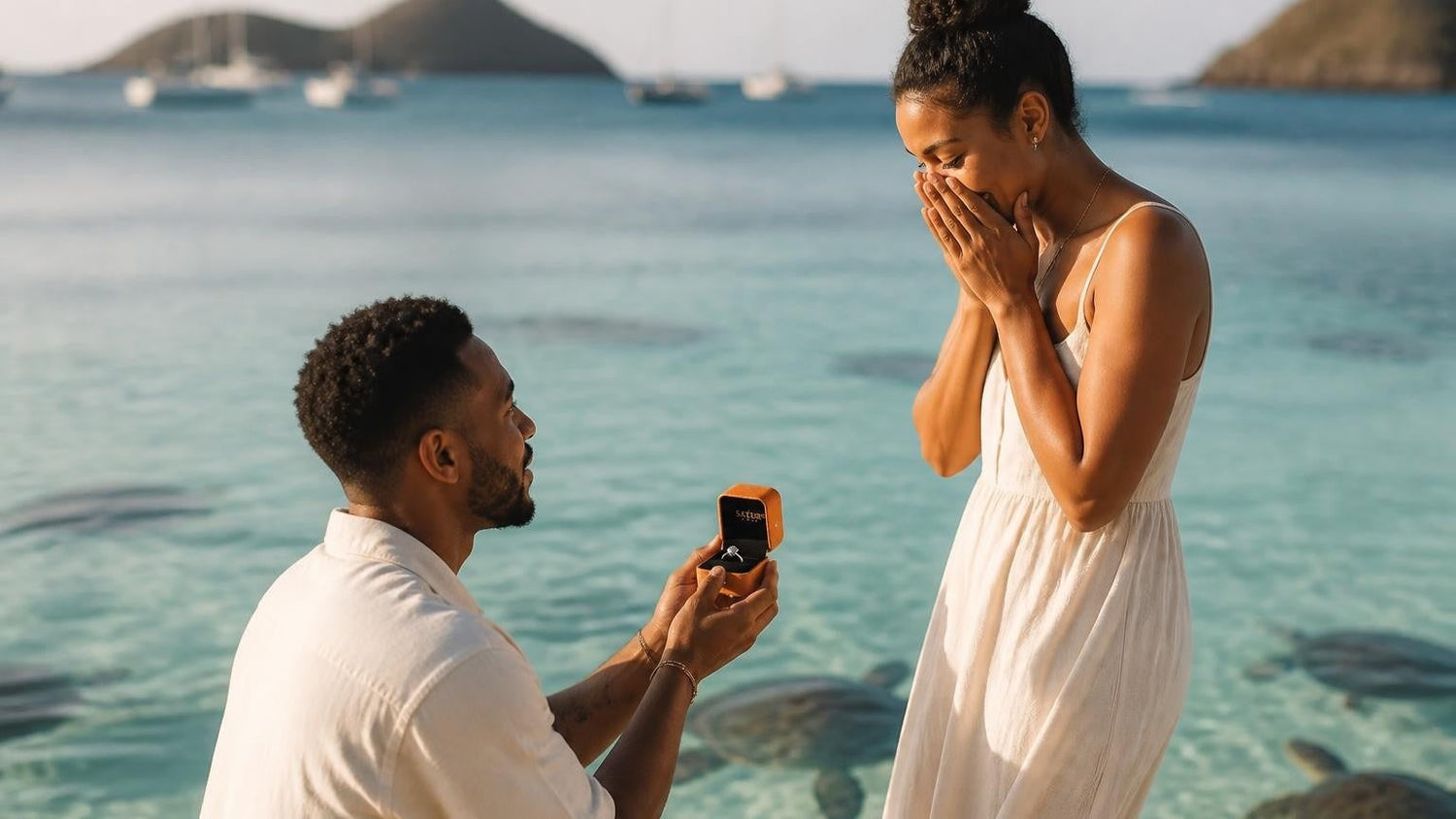 Marriage proposal in St. Vincent & Grenadines with the Satéur Destinée Ring — turquoise lagoon at the Tobago Cays