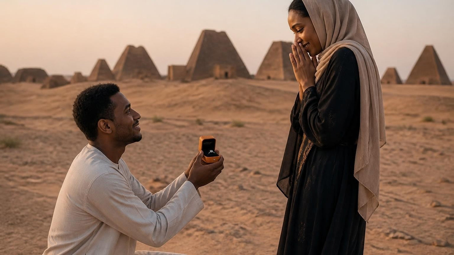 Marriage proposal in Sudan with the Satéur Destinée Ring — the Meroë pyramids at dawn