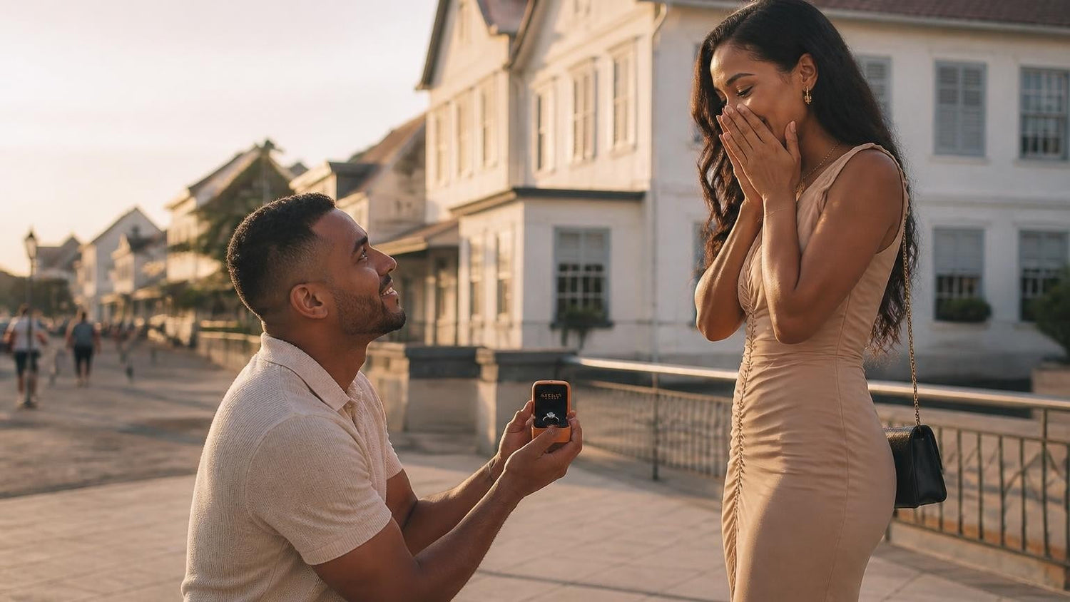 Marriage proposal in Suriname with the Satéur Destinée Ring — colonial waterfront Paramaribo at golden hour