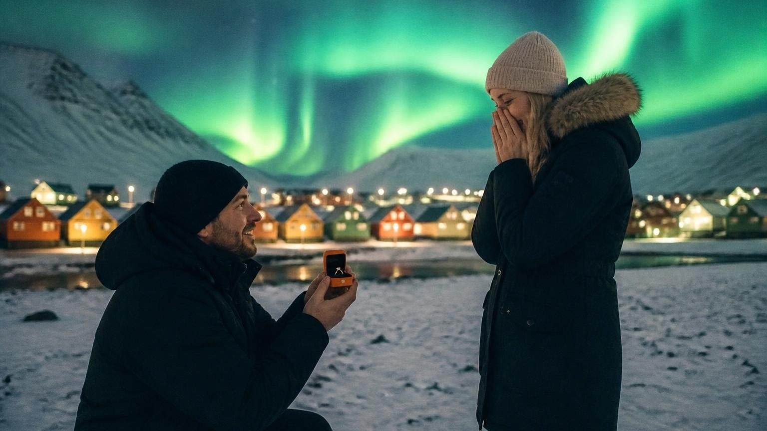 Marriage proposal in Svalbard and Jan Mayen with the Satéur Destinée Ring — Northern Lights over Longyearbyen