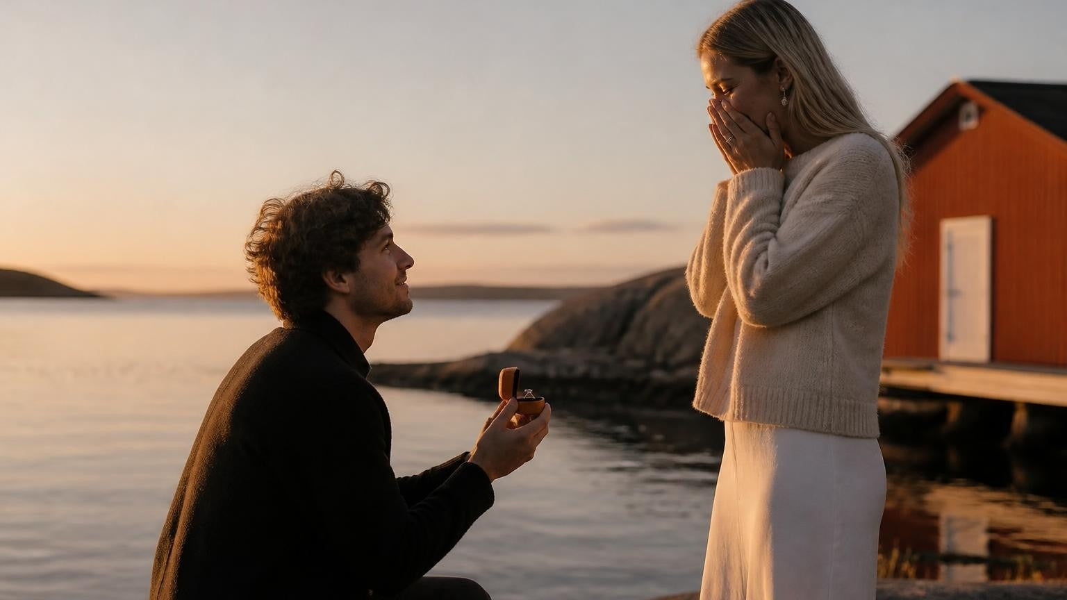 Marriage proposal in Sweden with the Satéur Destinée Ring — golden-hour question in the Stockholm archipelago
