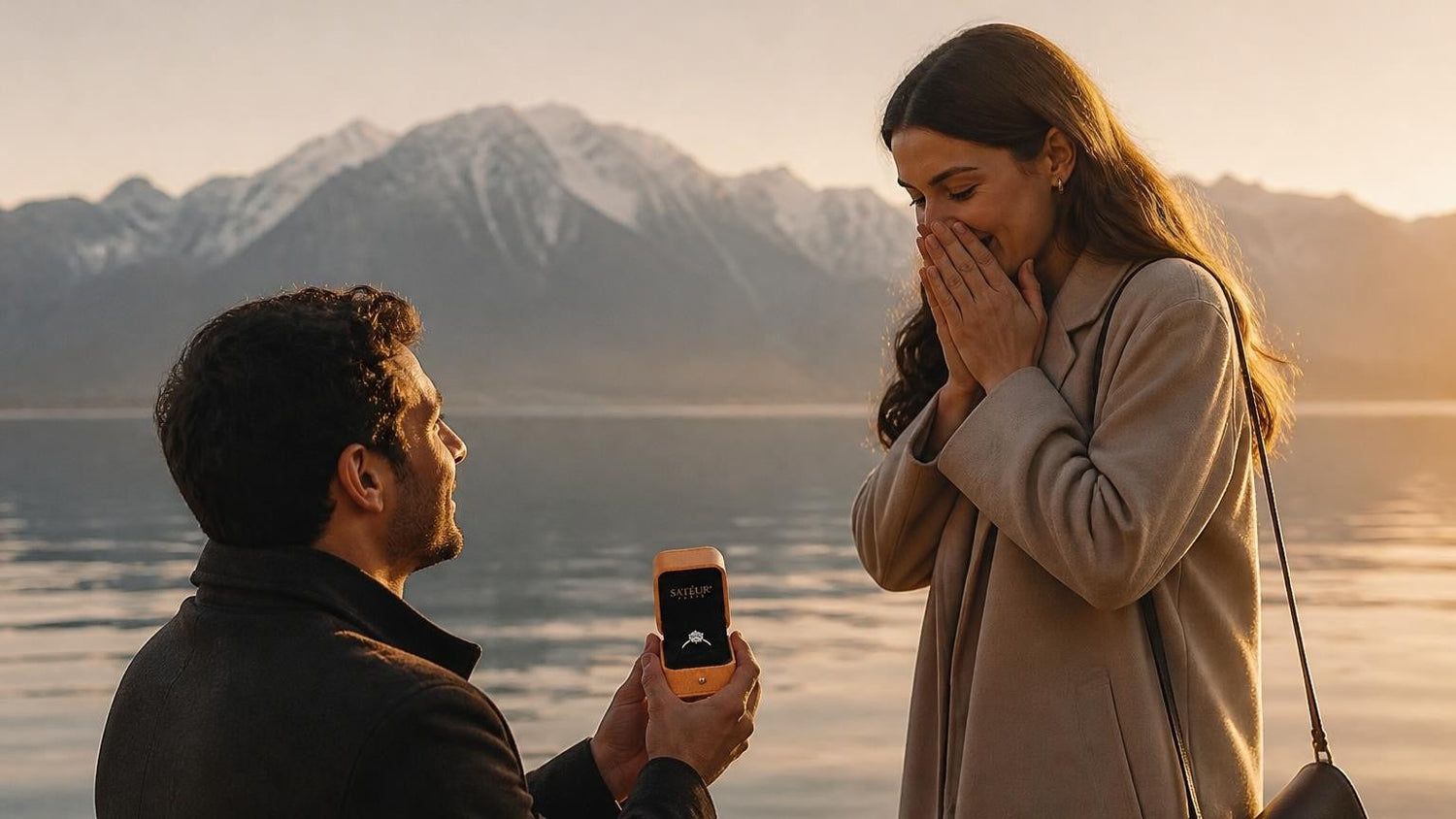 Marriage proposal in Switzerland with the Satéur Destinée Ring — alpine golden hour