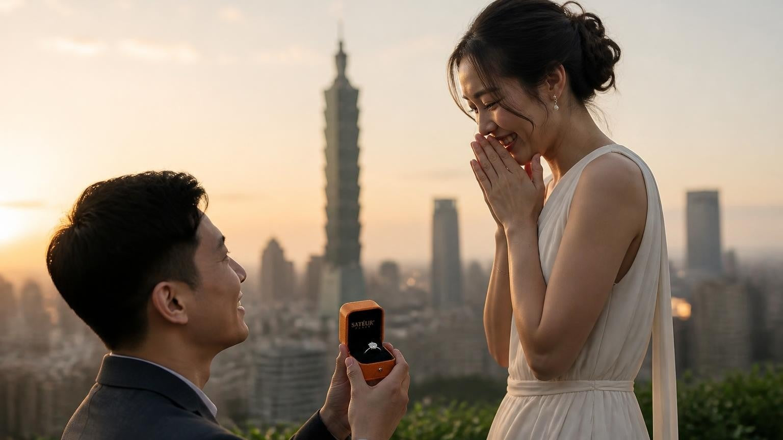 Marriage proposal in Taiwan with the Satéur Destinée Ring — Taipei 101 skyline at dusk