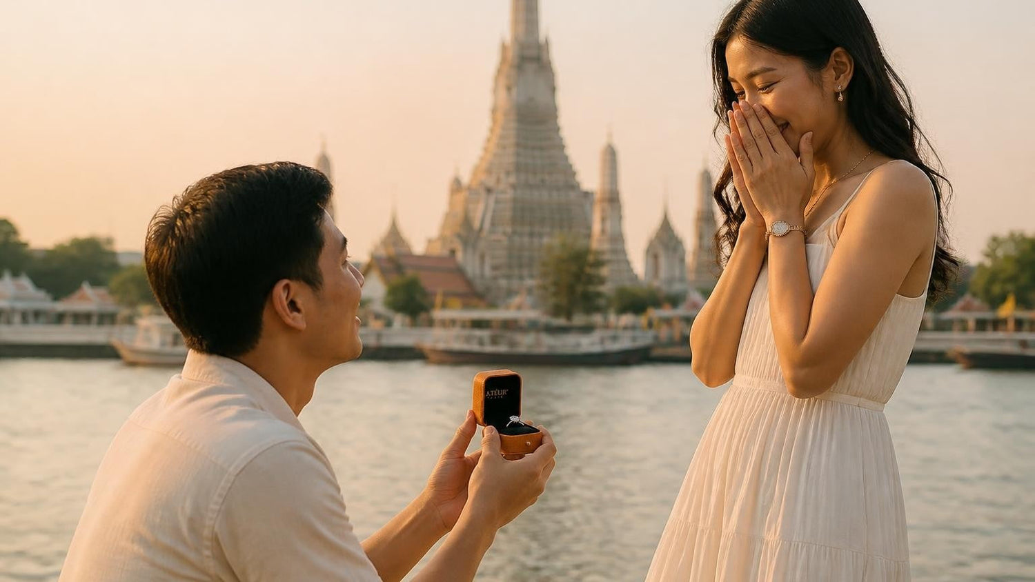 Marriage proposal in Thailand with the Satéur Destinée Ring — Wat Arun at sunrise across the Chao Phraya