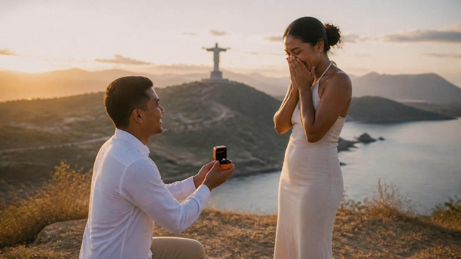 Marriage proposal in Timor-Leste with the Satéur Destinée Ring — sunset at Cristo Rei overlooking Dili Bay