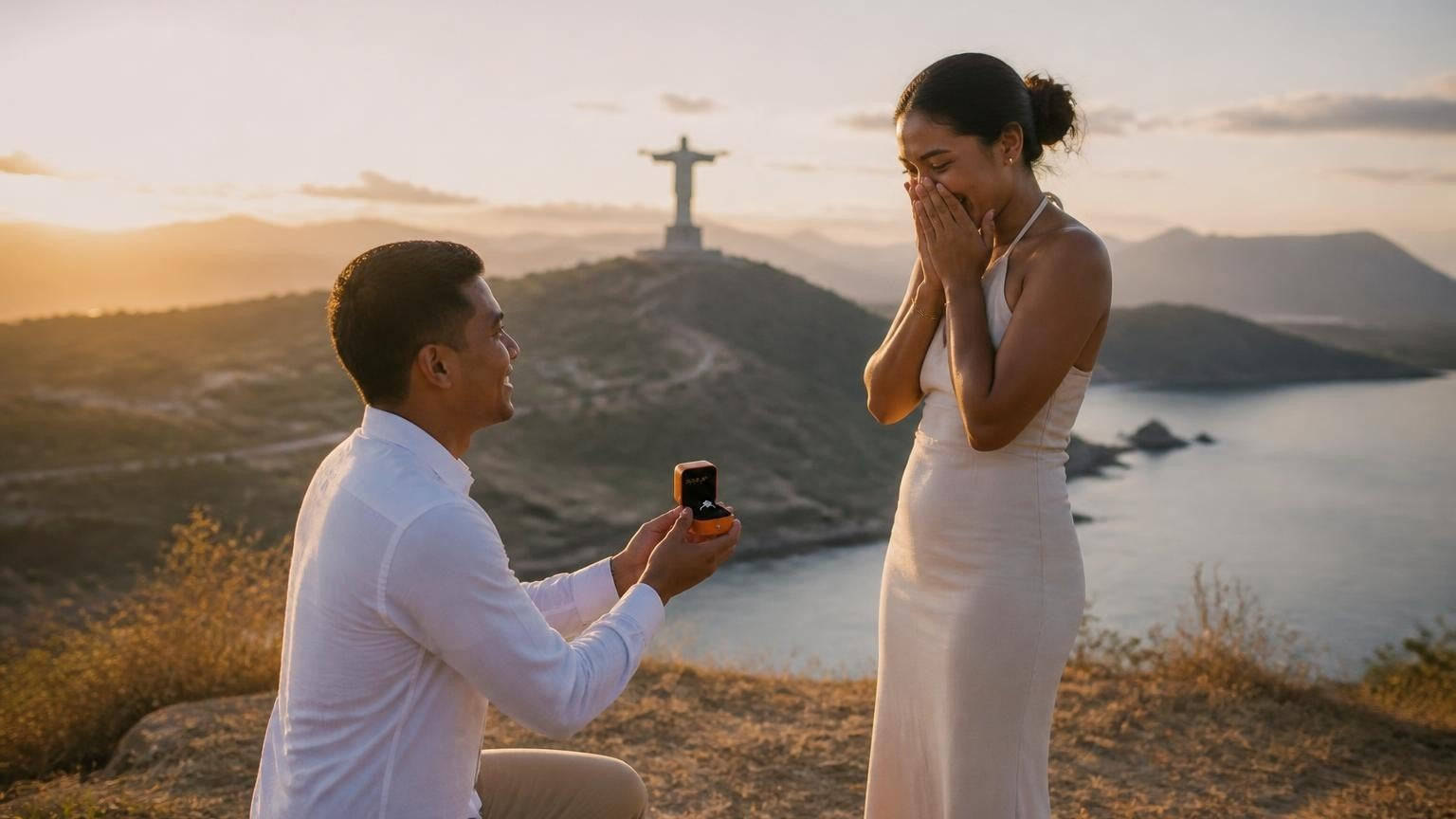 Marriage proposal in Timor-Leste with the Satéur Destinée Ring — sunset at Cristo Rei overlooking Dili Bay