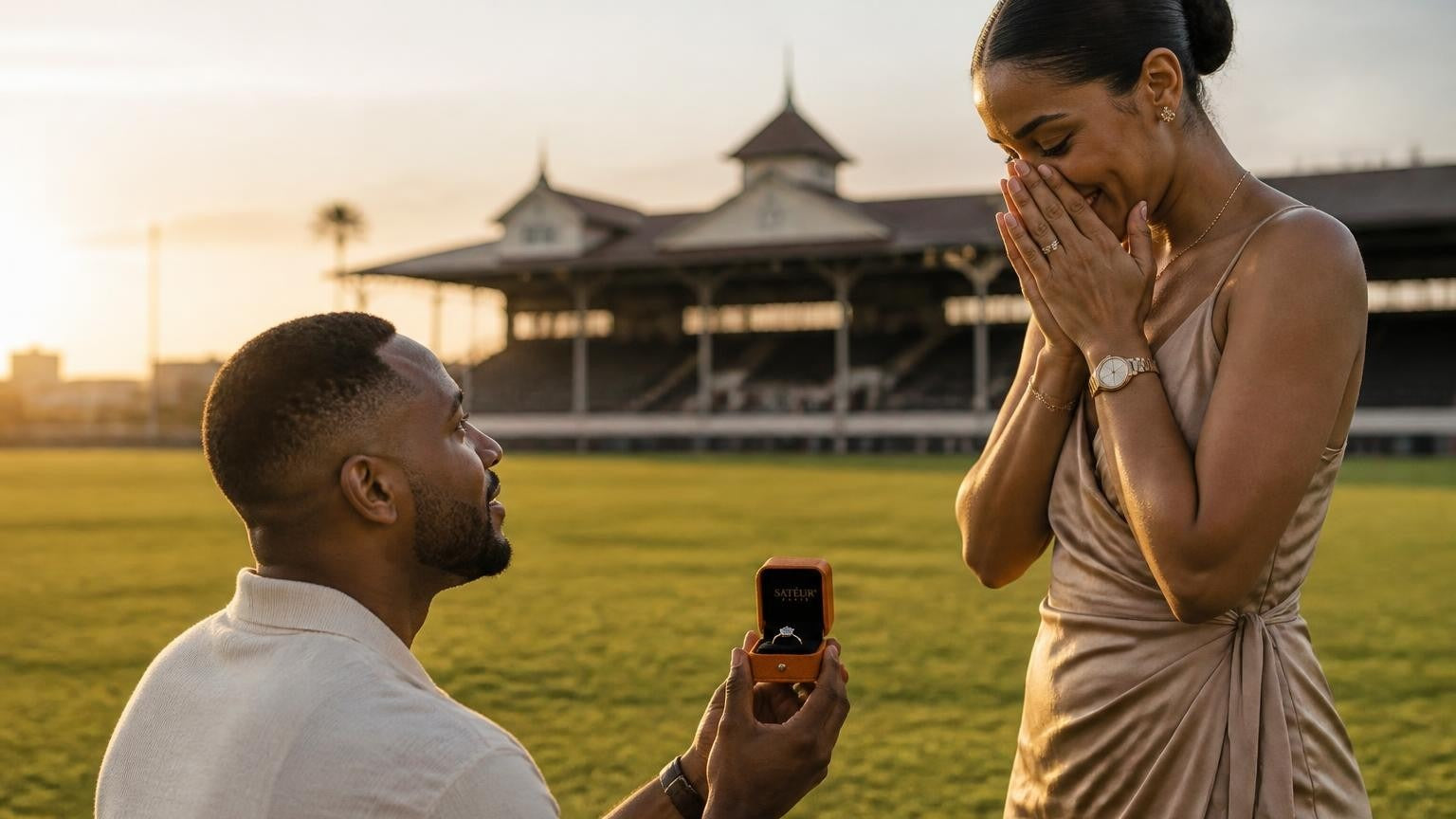 Marriage proposal in Trinidad & Tobago with the Satéur Destinée Ring — Maracas Bay at golden hour