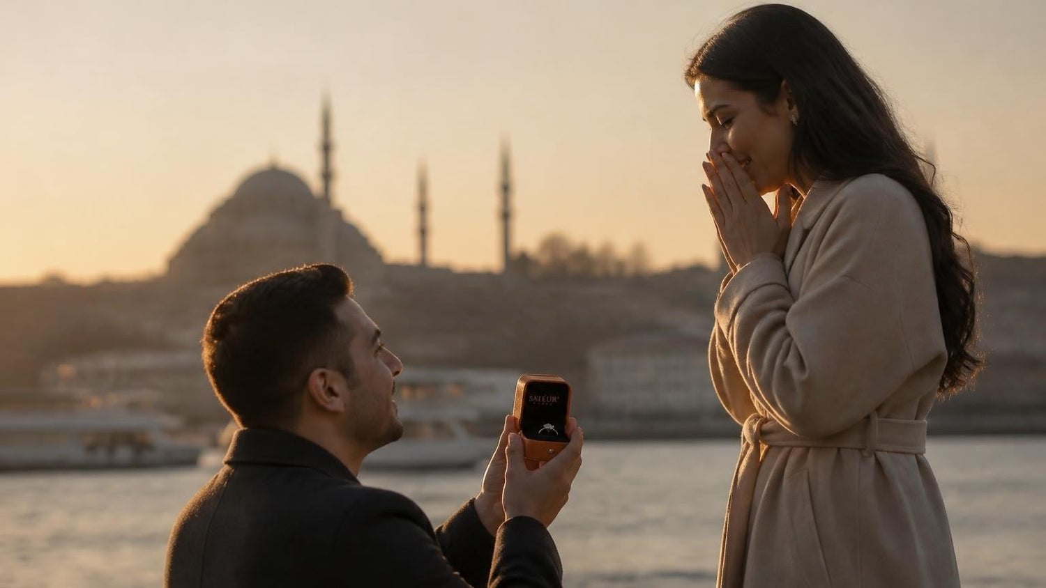 Marriage proposal in Turkey with the Satéur Destinée Ring — golden-hour silhouette of the Blue Mosque from the Bosphorus