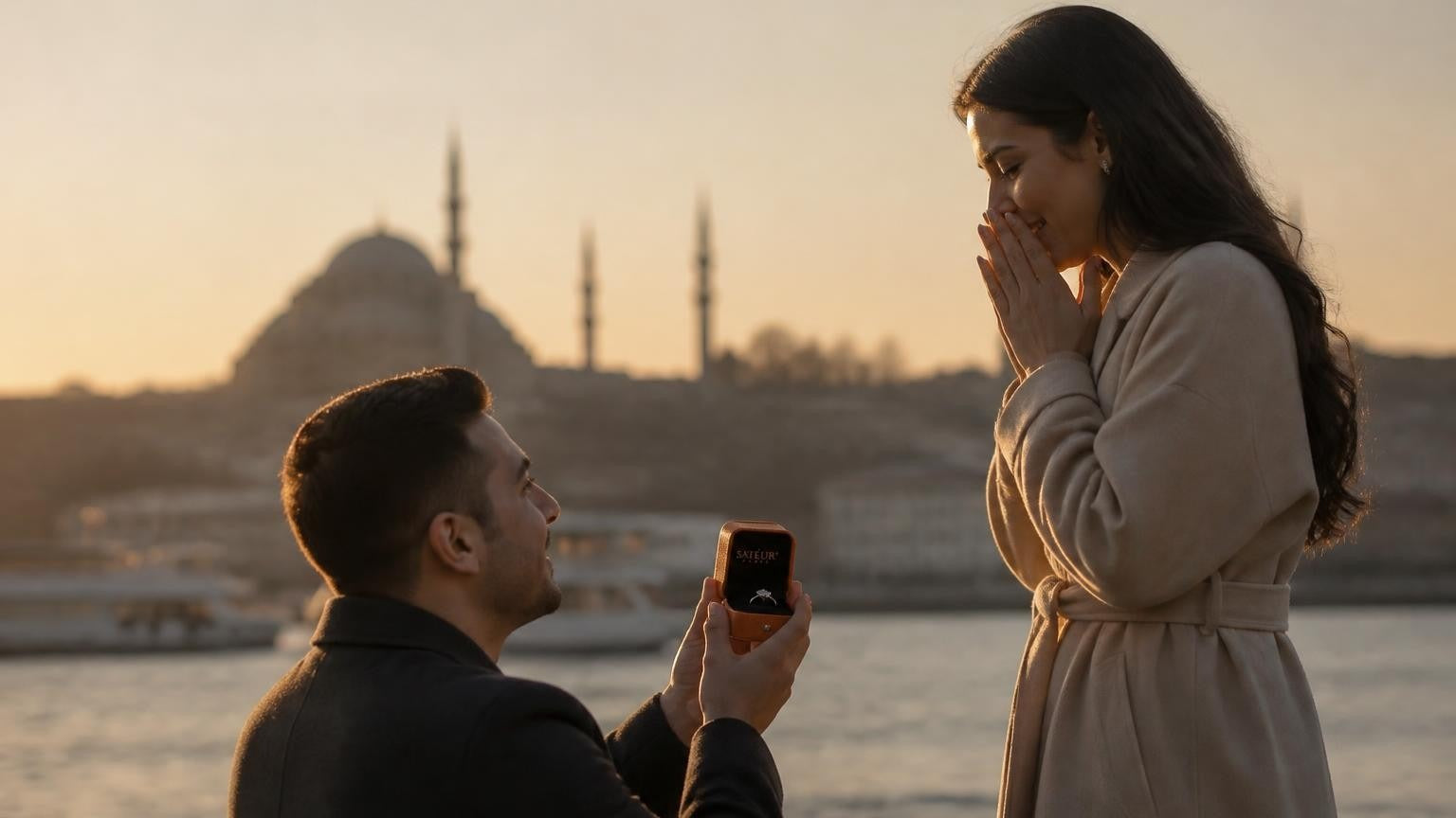 Marriage proposal in Turkey with the Satéur Destinée Ring — golden-hour silhouette of the Blue Mosque from the Bosphorus