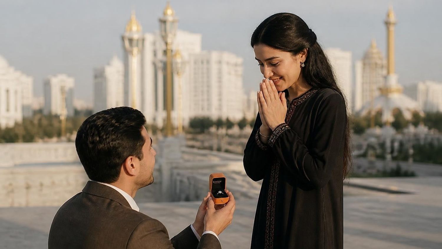 Marriage proposal in Turkmenistan with the Satéur Destinée Ring — couple at the white marble skyline of Ashgabat at golden hour