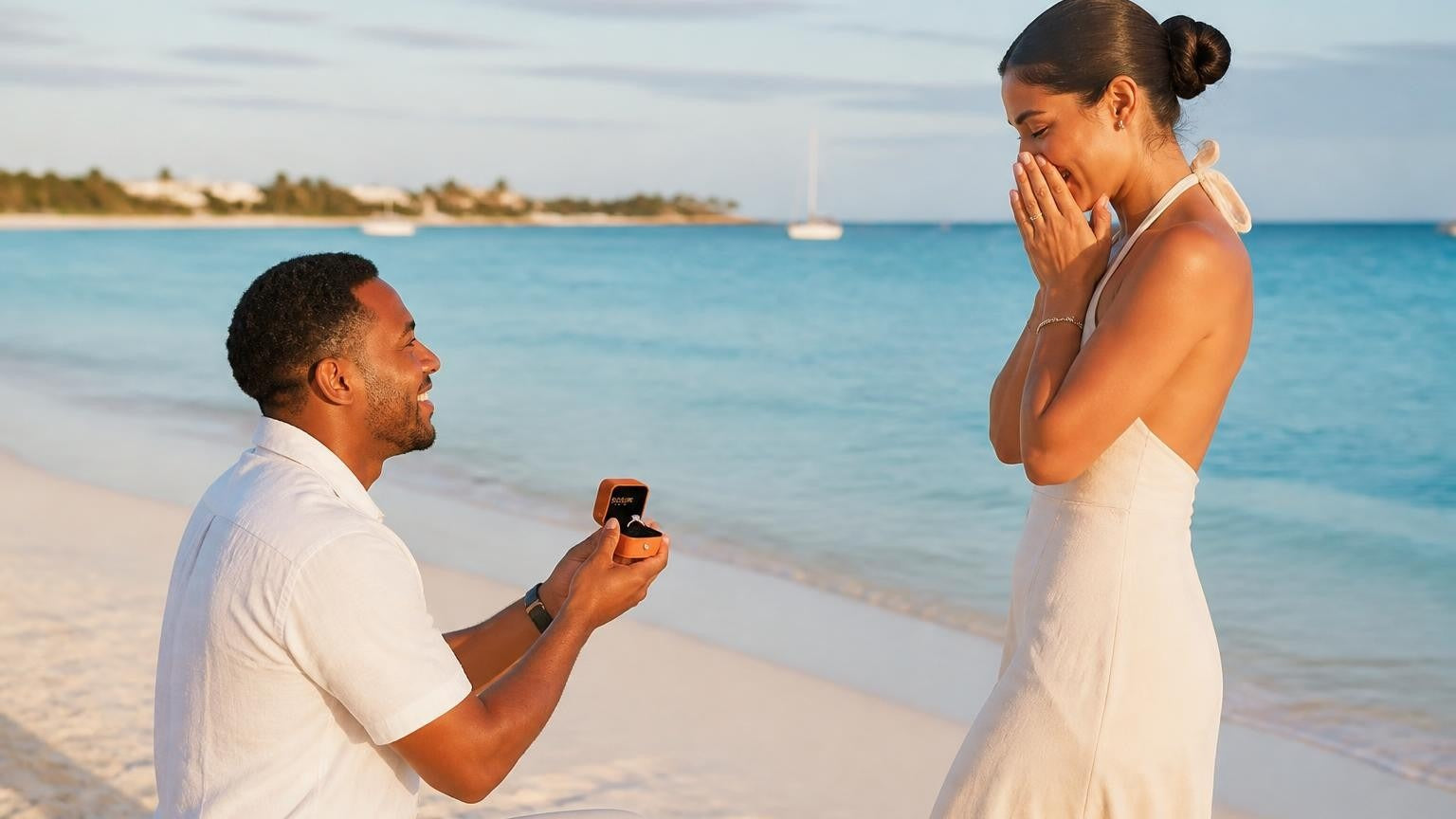 Marriage proposal in Turks & Caicos Islands with the Satéur Destinée Ring — sunset on Grace Bay Beach, Providenciales