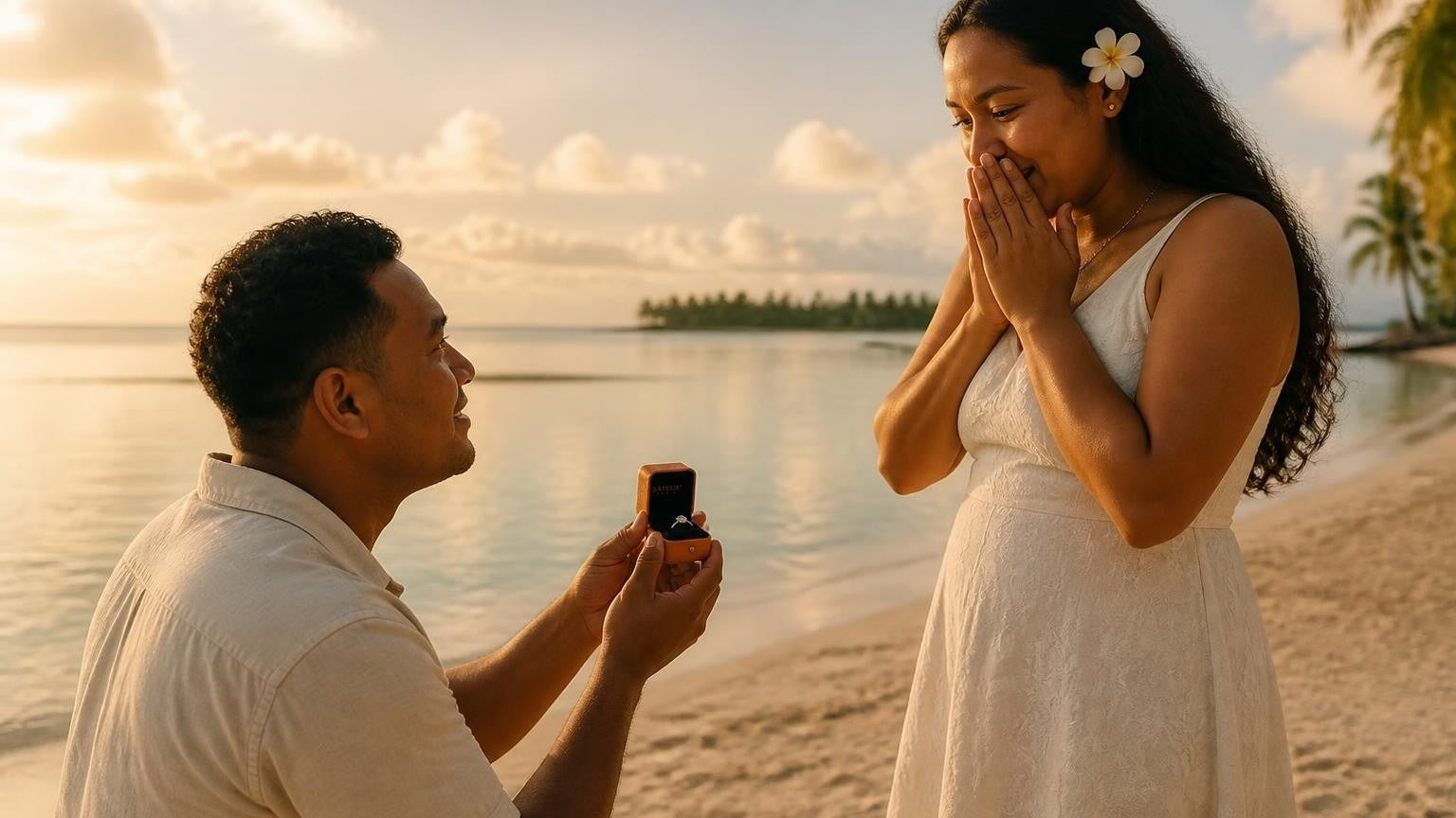 Marriage proposal in Tuvalu with the Satéur Destinée Ring — sunrise over Funafuti Atoll lagoon