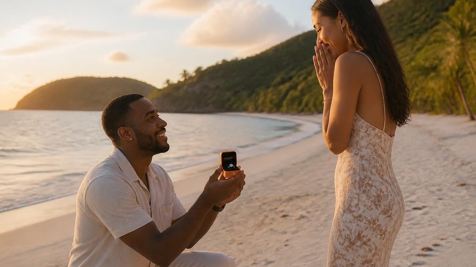 Marriage proposal in U.S. Virgin Islands with the Satéur Destinée Ring — sunrise moment at Magens Bay, St. Thomas