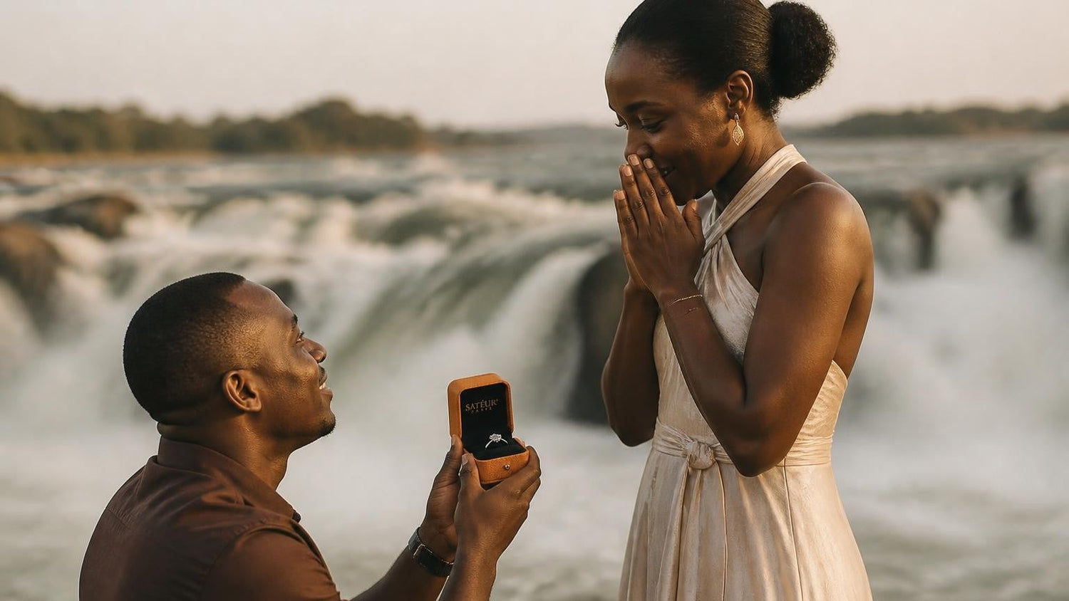 Marriage proposal in Uganda with the Satéur Destinée Ring — couple beside the Source of the Nile at golden hour