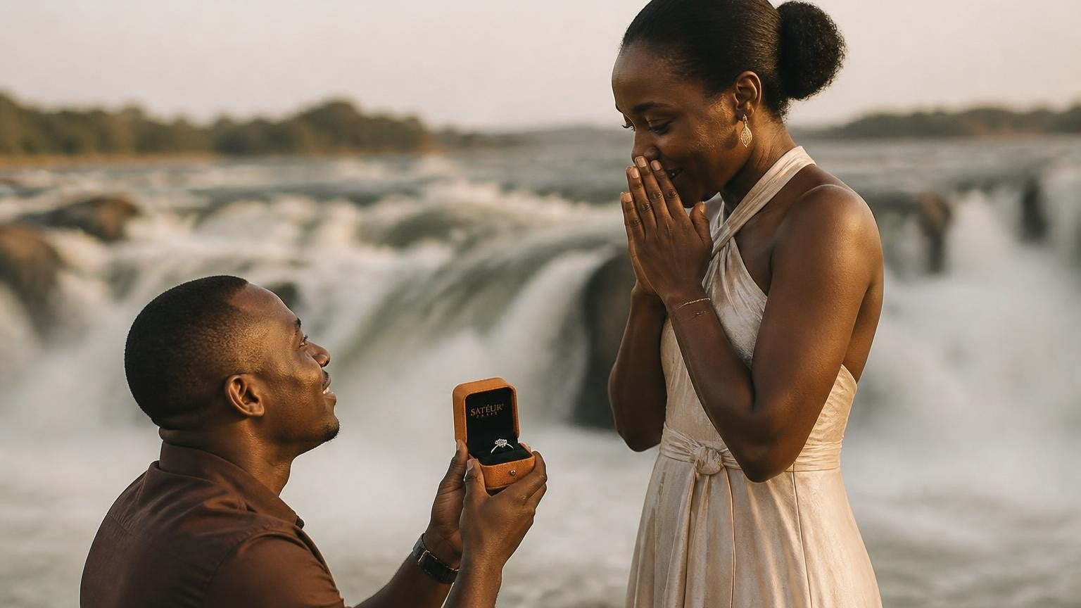 Marriage proposal in Uganda with the Satéur Destinée Ring — couple beside the Source of the Nile at golden hour