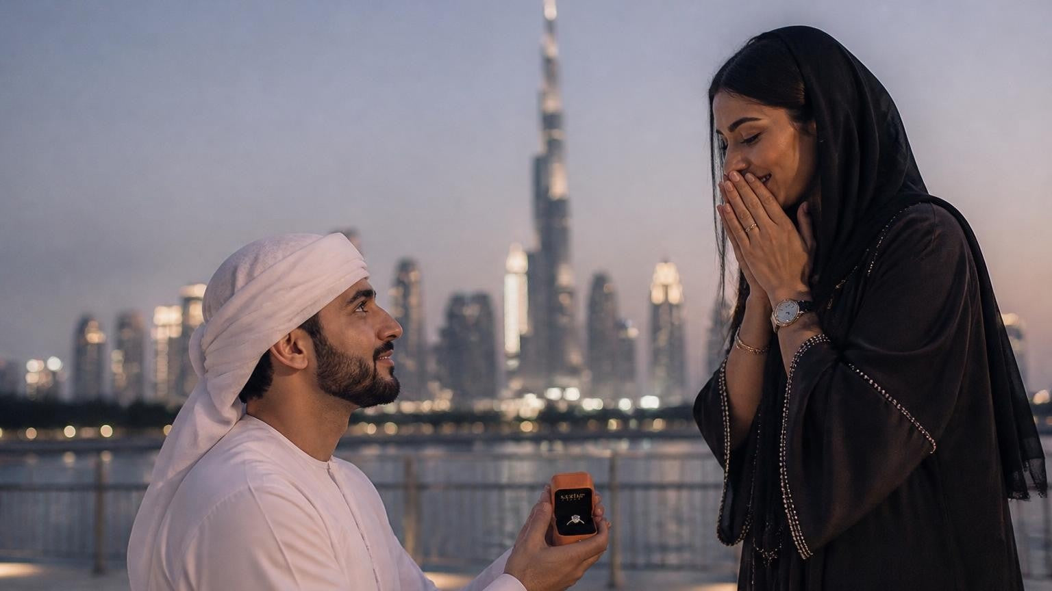 Marriage proposal in the United Arab Emirates with the Satéur Destinée Ring — Burj Khalifa skyline at blue hour