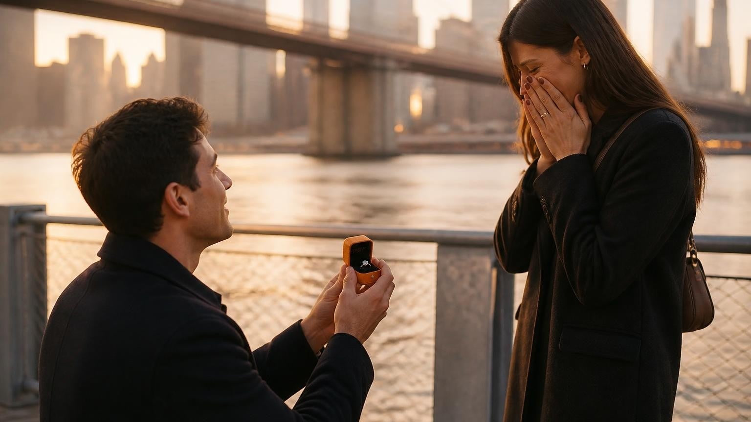 Marriage proposal in the United States with the Satéur Destinée Ring — open orange box at Brooklyn Bridge golden hour