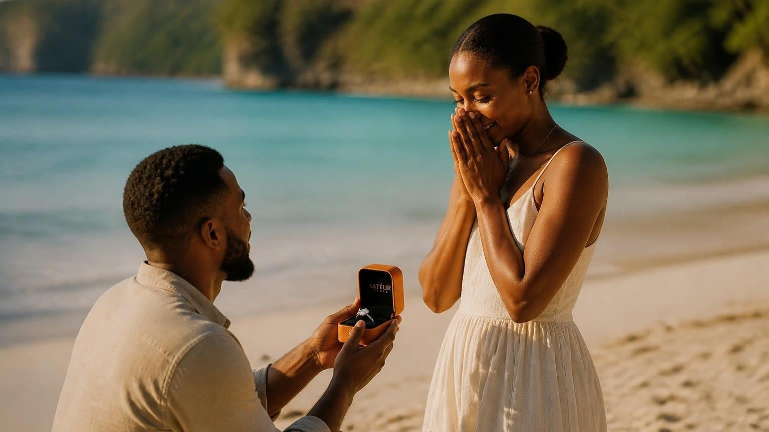 Marriage proposal in Vanuatu with the Satéur Destinée Ring — sunset over a white-sand beach on Efate