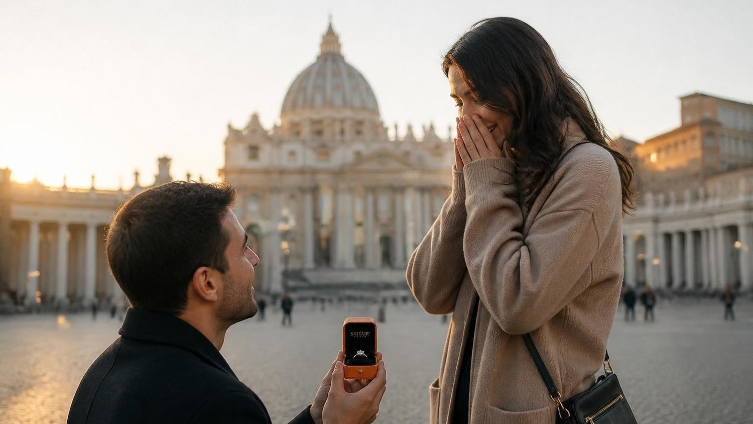 Marriage proposal in Vatican City with the Satéur Destinée Ring — St. Peter's Square at dawn