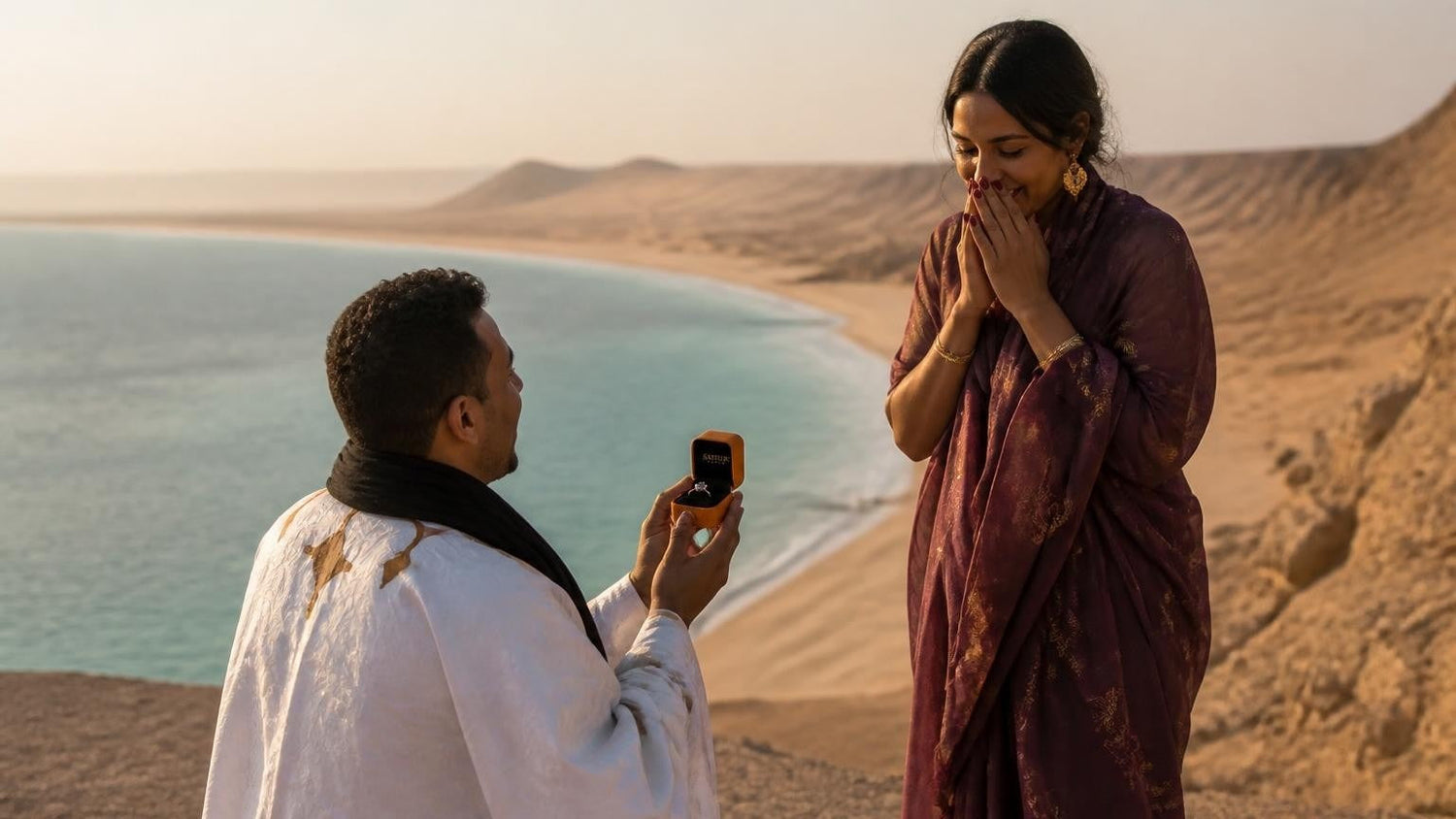 Marriage proposal in Western Sahara with the Satéur Destinée Ring — sunrise over the turquoise Dakhla Lagoon