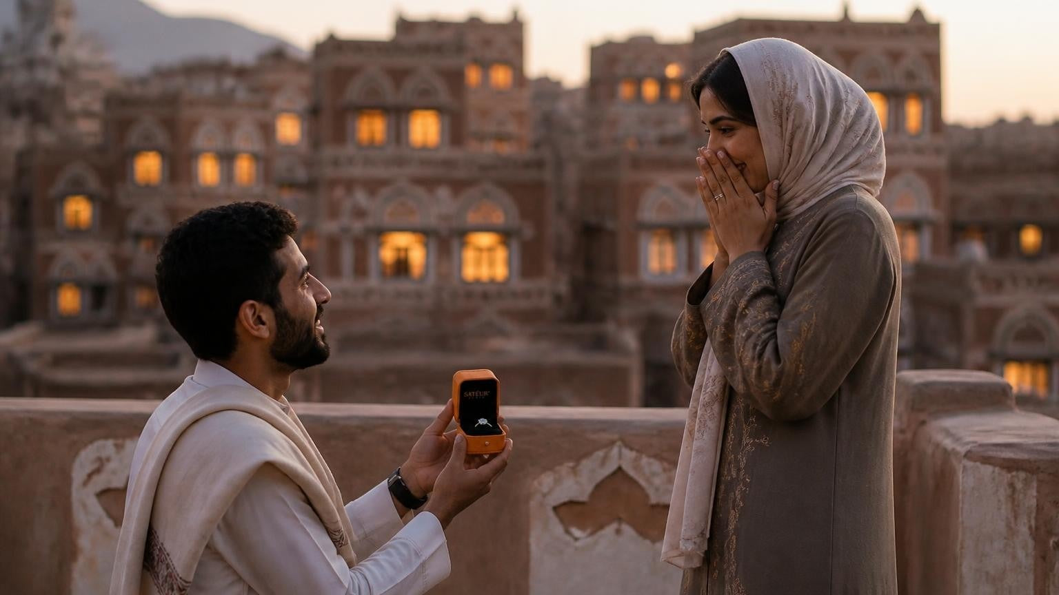 Marriage proposal in Yemen with the Satéur Destinée Ring — dawn over the tower houses of Sana'a's Old City