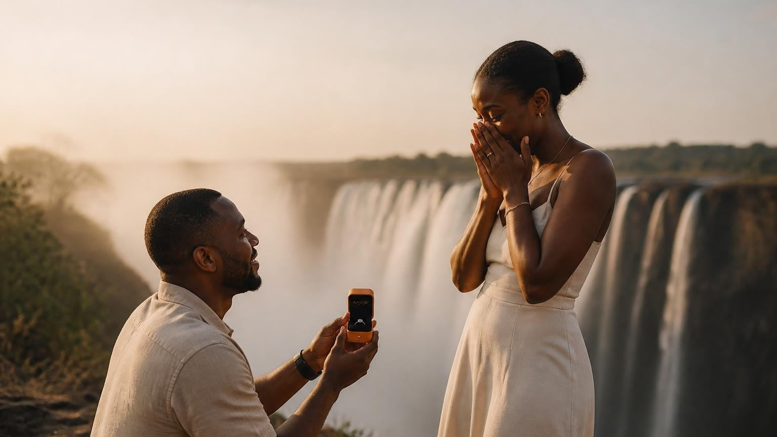 Marriage proposal in Zimbabwe with the Satéur Destinée Ring — sunrise above the spray of Victoria Falls