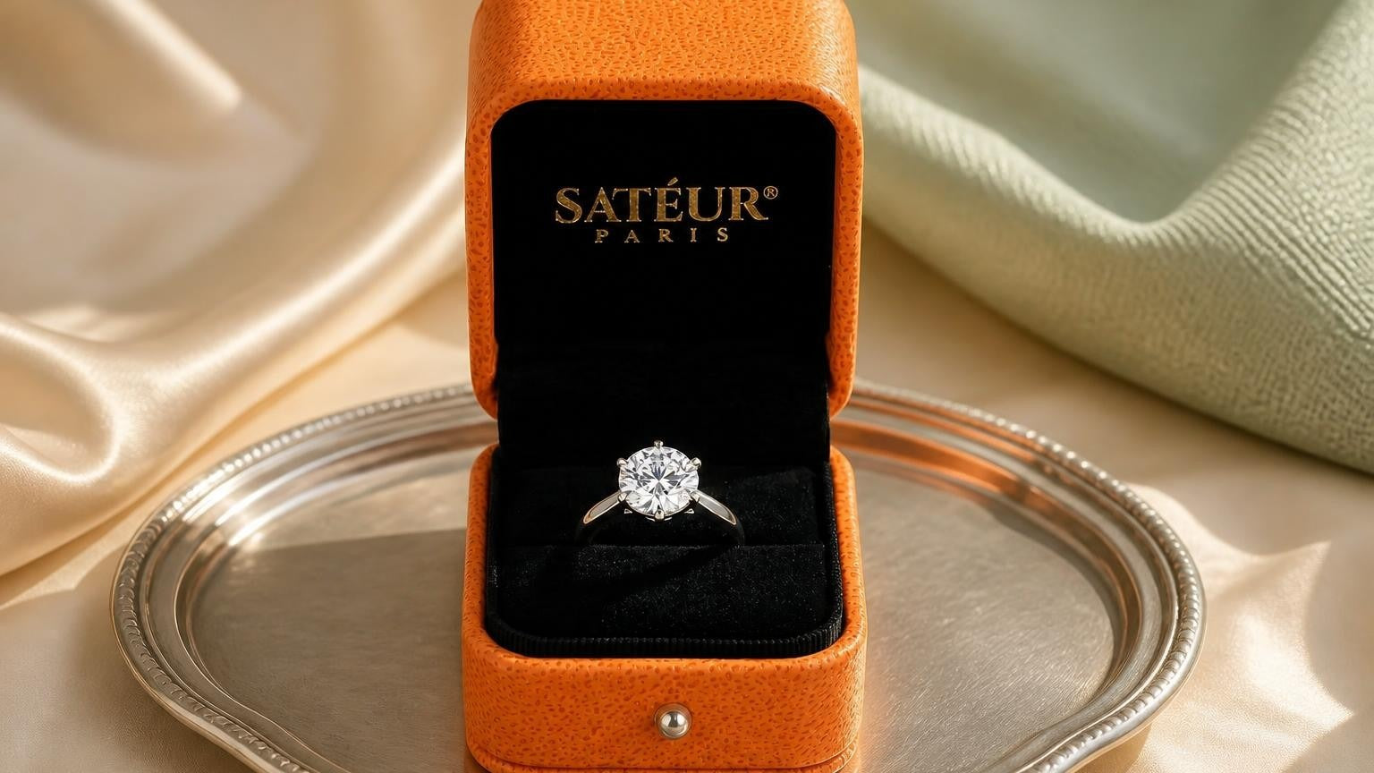 which finger engagement ring — open Satéur box with round solitaire on brushed silver tray