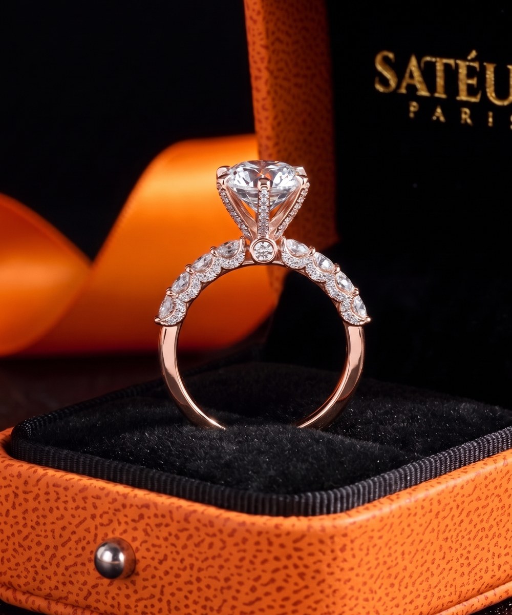 Satéur Rosé Victoire Ring — 18K rose gold finish diamond-look solitaire — side-profile